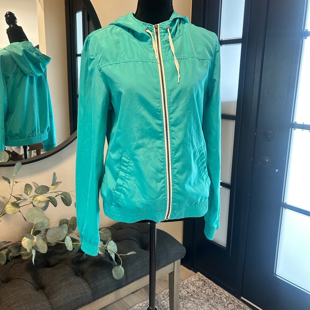 Zine Womens Teal Turquoise Full Zip Hooded Windbreaker Jacket Large
